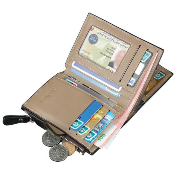 Foto de billetera de bolsillo elegante con broche y monedero de cuero PU mostrando su aperturas y capacidad de almacenamiento