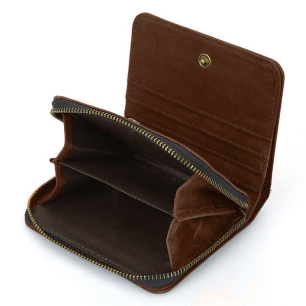 Foto de billetera vertical vintage bifold con cierre de cuero natural mostrando su monedero en color marrón