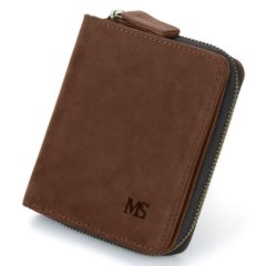 Foto de presentación de billetera vertical vintage bifold con cierre de cuero natural en color marrón