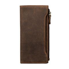 Foto de billetera larga vintage bifold con cierre de cuero natural mostrando su vista frontal en color café