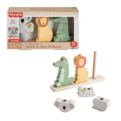 Caja de bloques de animales para apilar Fisher-Price, incluye base y 9 piezas.