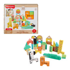 Set de bloques de animales de madera Fisher-Price sobre fondo blanco.