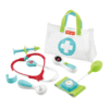 Set de doctor de 7 piezas Fisher-Price con maletín y accesorios sobre fondo blanco.