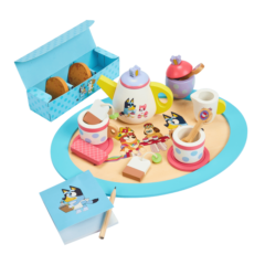 Juego de té de Bluey con tetera, tazas y bandeja de madera.