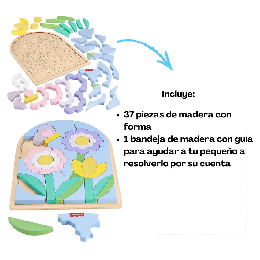Contenido del rompecabezas de madera: piezas con forma y bandeja con guía