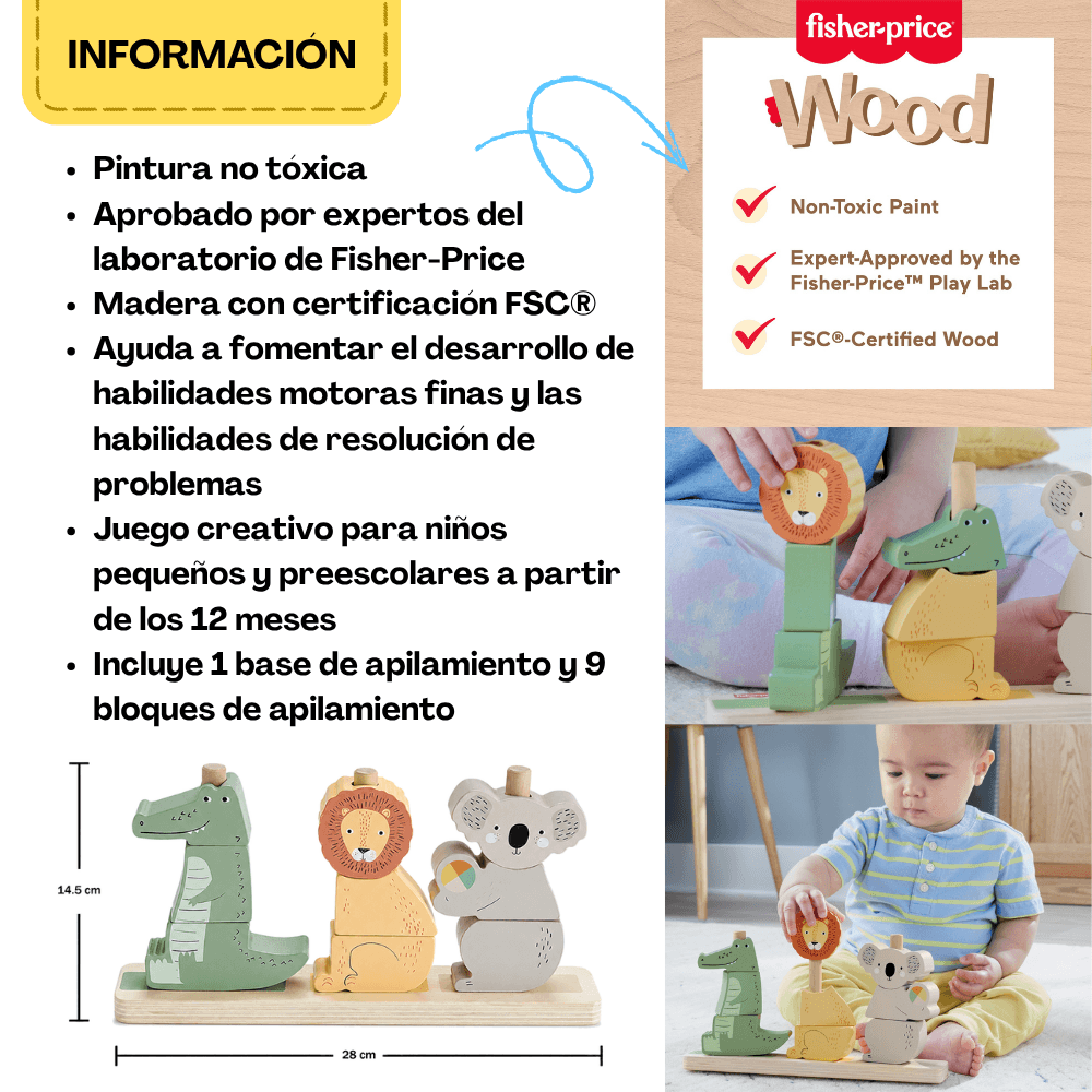 Ficha con beneficios y materiales de estos bloques de madera para bebés.