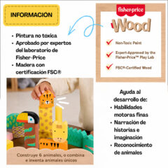 Bloques didácticos de animales fabricados con madera certificada FSC y pintura no tóxica.
