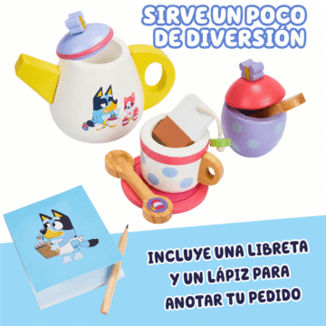 Set de tazas de Bluey. Detalle de tetera, taza y azucarera.