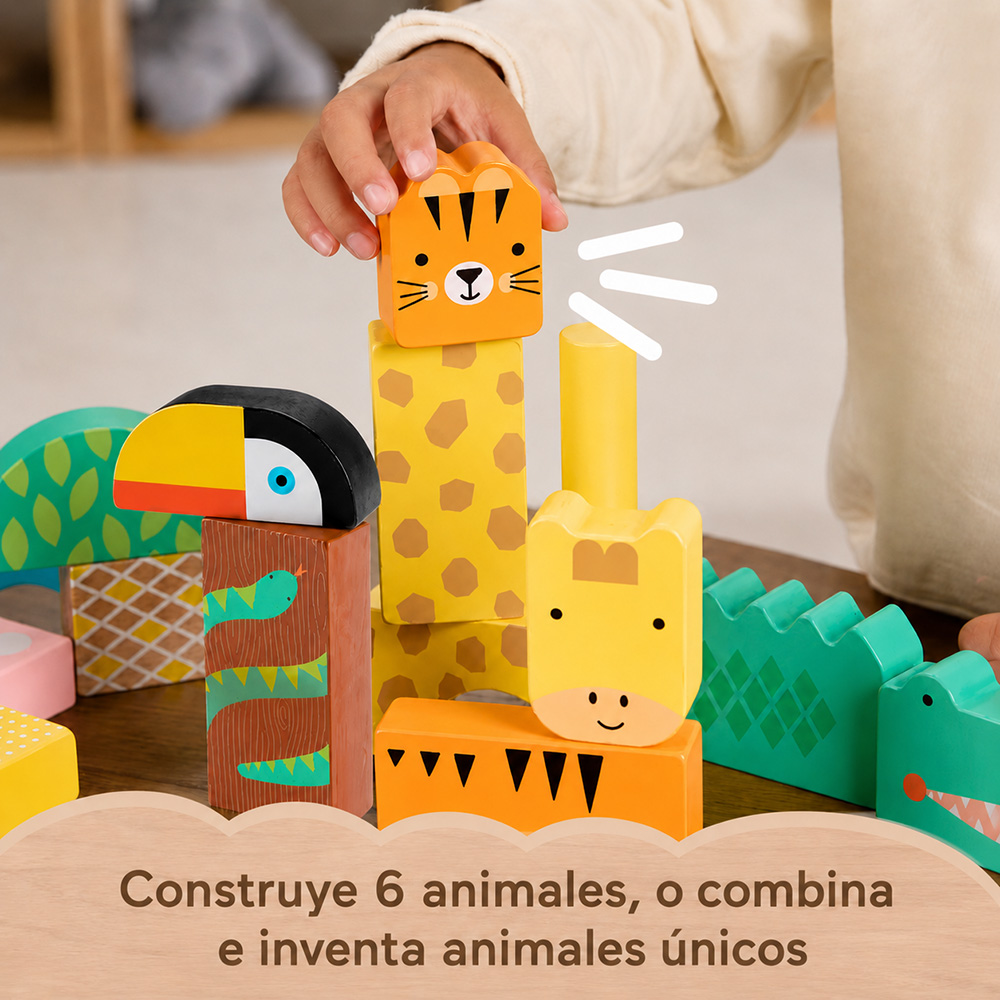 Tamaño real de los bloques para armar animales, en comparación con una mano.