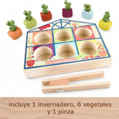Juego de clasificación de invernadero Fisher-Price con 6 vegetales de madera y pinza.