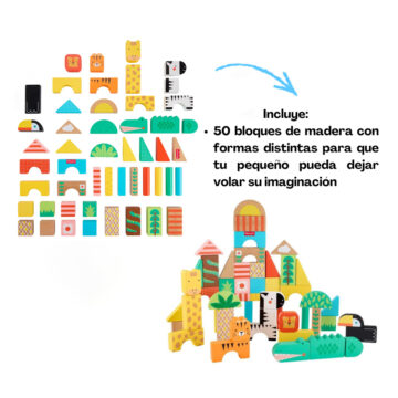 Bloques de animales de madera con piezas de formas distintas para crear diseños propios.