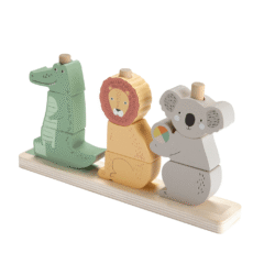 Bloques de animales para apilar de madera Fisher-Price sobre fondo blanco.