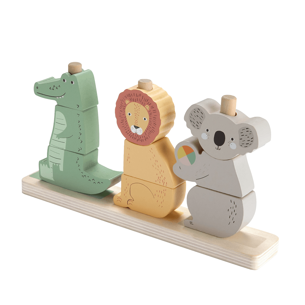 Bloques de animales para apilar de madera Fisher-Price sobre fondo blanco.
